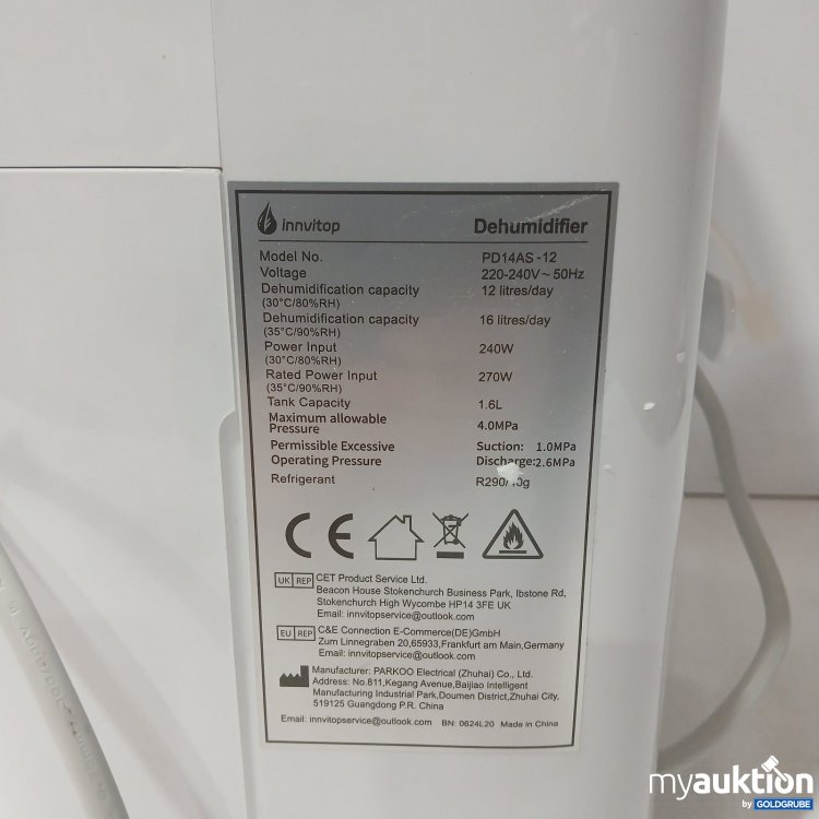 Artikel Nr. 468016 Artikel Nr. 468016: innvitop Luftentfeuchter PD14AS-12 1,6 l Tank