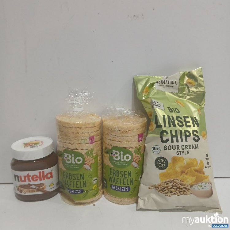 Artikel Nr. 479019 Artikel Nr. 479019: Verschiedene Snacks Erbsenwaffeln 2x100g , Linsenchips 75g , Nutella 450g