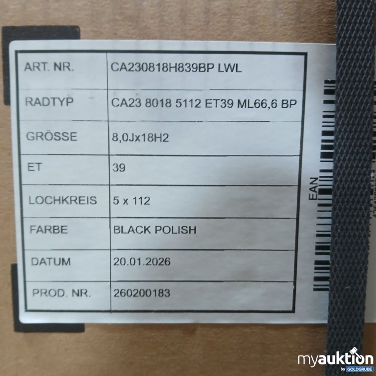 Artikel Nr. 446037 Artikel Nr. 446037: Felge in Schwarz Poliert, CA23 8018 5112 ET39 ML66,6 BP, 8,0J×18H2