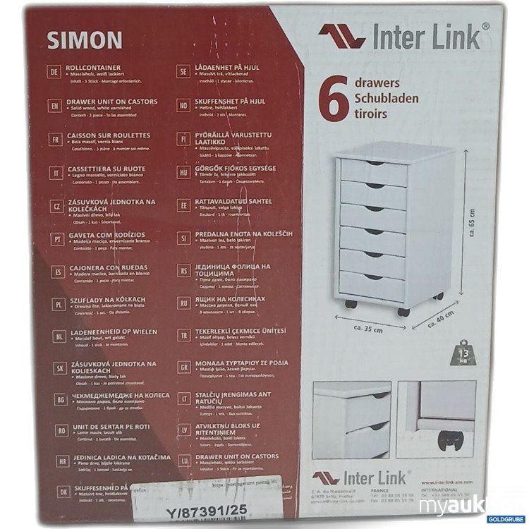 Artikel Nr. 958051: Inter Link Simon Roll Container Massivholz weiß 6Schubladen ca. 35x40x65cm 
