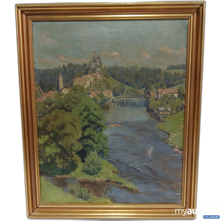 Artikel Nr. 986057 Artikel Nr. 986057: Öl Gemälde einer Burg mit Fluss und kleiner Ortschaft Bild löst sich vom Rahmen