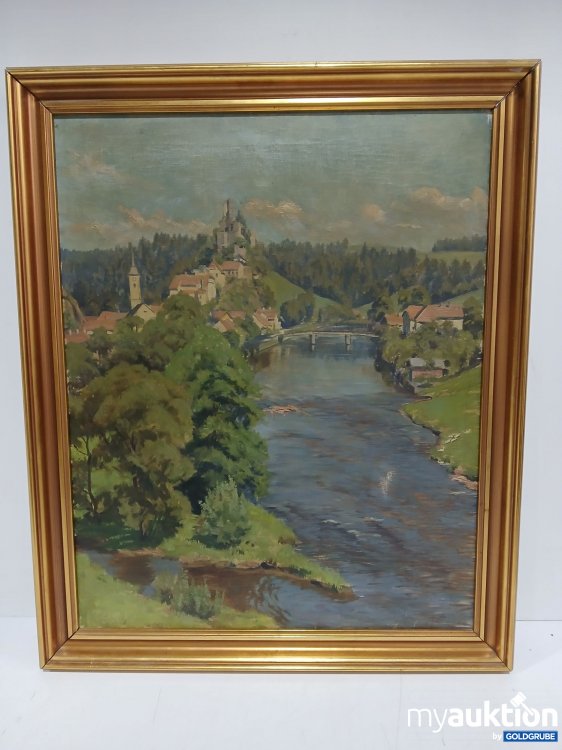 Artikel Nr. 986057 Artikel Nr. 986057: Öl Gemälde einer Burg mit Fluss und kleiner Ortschaft Bild löst sich vom Rahmen
