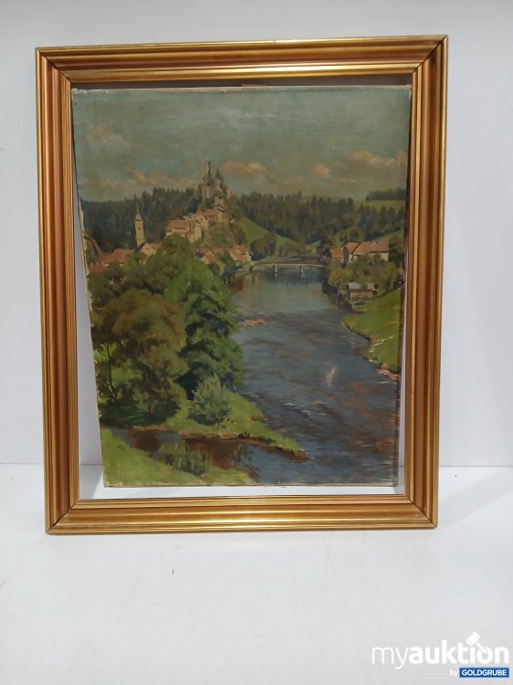 Artikel Nr. 986057 Artikel Nr. 986057: Öl Gemälde einer Burg mit Fluss und kleiner Ortschaft Bild löst sich vom Rahmen