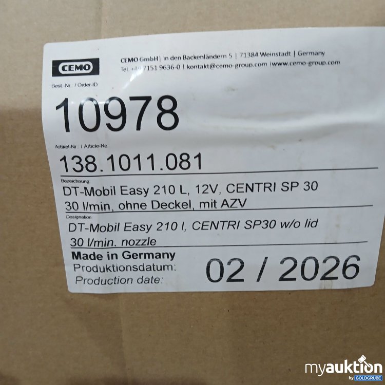 Artikel Nr. 462077 Artikel Nr. 462077: Cemo DT Mobil Easy 210l 12V Centri SP 30 30l/min , ohne Deckel mit AZV