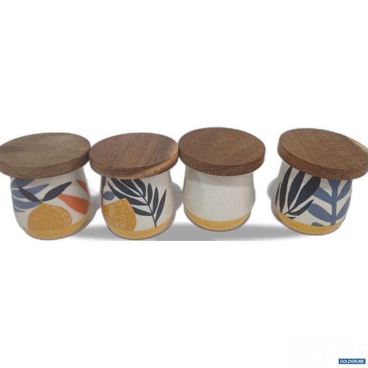 Artikel Nr. 988078 Artikel Nr. 988078: Kleine Keramik- Becher mit Holzdeckel ca 5,5cmx7cm 4Stk