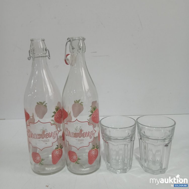 Artikel Nr. 933090 Artikel Nr. 933090: Wasserflasche Erdbeer-Design 1L 2Stk + Gläser Durchmesser ca 8cm, Höhe ca 11,5cm 2Stk