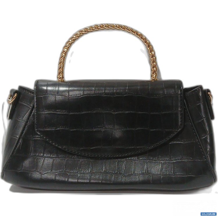 Artikel Nr. 973117: Schwarze Handtasche mit Krokodilprägung und goldfarbenem Metallhenkel, ca 25×12×7,5cm