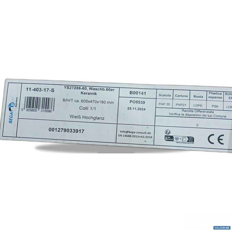 Artikel Nr. 959131: BEGA BBK Waschbecken Keramik B/H/T ca 605x470x180mm Colli 1/1 Weiß Hochglanz 11-403-17-S