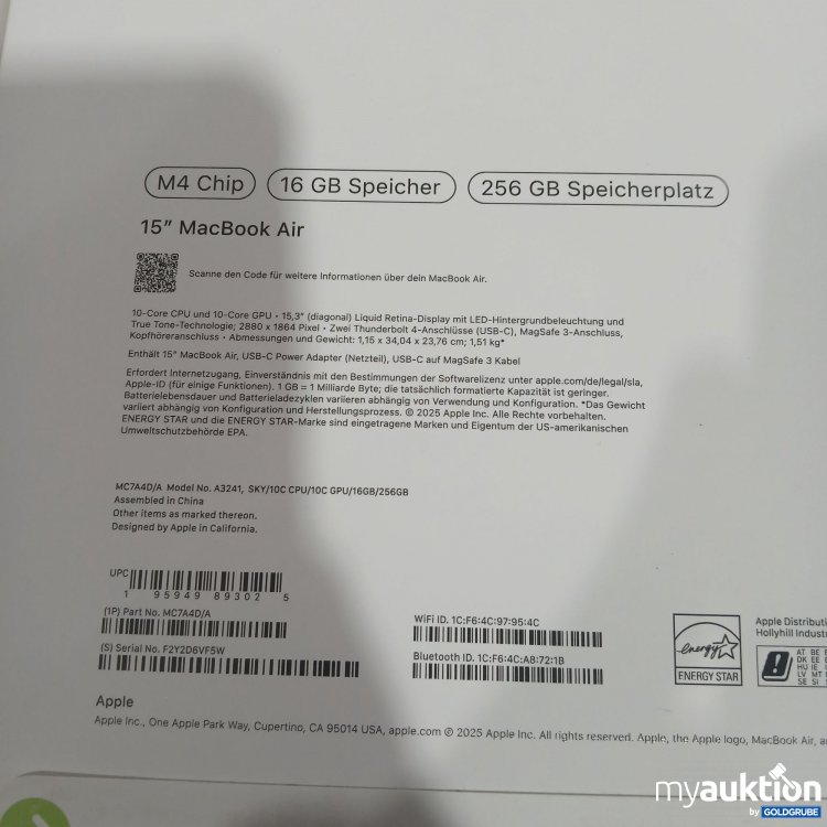 Artikel Nr. 876154 Artikel Nr. 876154: Apple MacBook Air 15" 16GB Speicher 256GB Speicherplatz