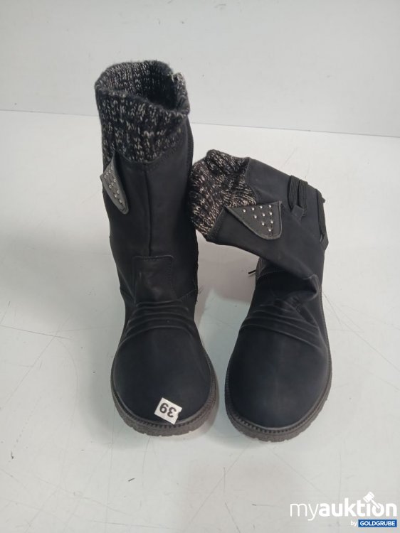 Artikel Nr. 931154 Artikel Nr. 931154: Schwarze Stiefel mit Strickbund, dekorativen Nieten und seitlichem Reißverschluss. Größe 39