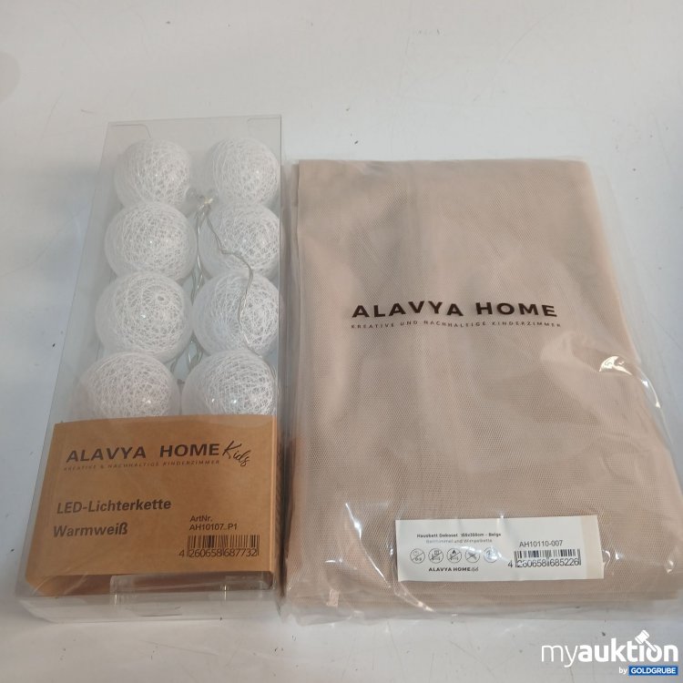 Artikel Nr. 442178: Alavya Home Hausbett Dekoset 150x350cm beige Betthimmel & Wimpelkette + LED Lichterkette warmweiß