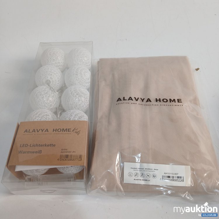 Artikel Nr. 442202: Alavya Home Hausbett Dekoset 150x350cm beige Betthimmel & Wimpelkette + LED Lichterkette warmweiß