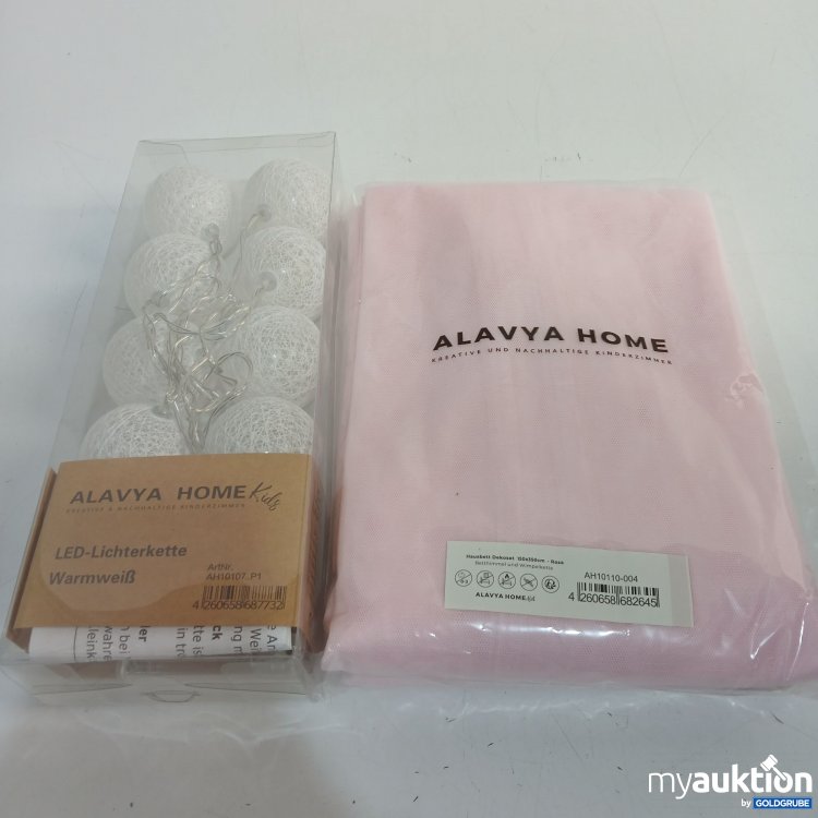 Artikel Nr. 442206: Alavya Home Hausbett Dekoset 150x350cm rosa Betthimmel & Wimpelkette + LED Lichterkette warmweiß 