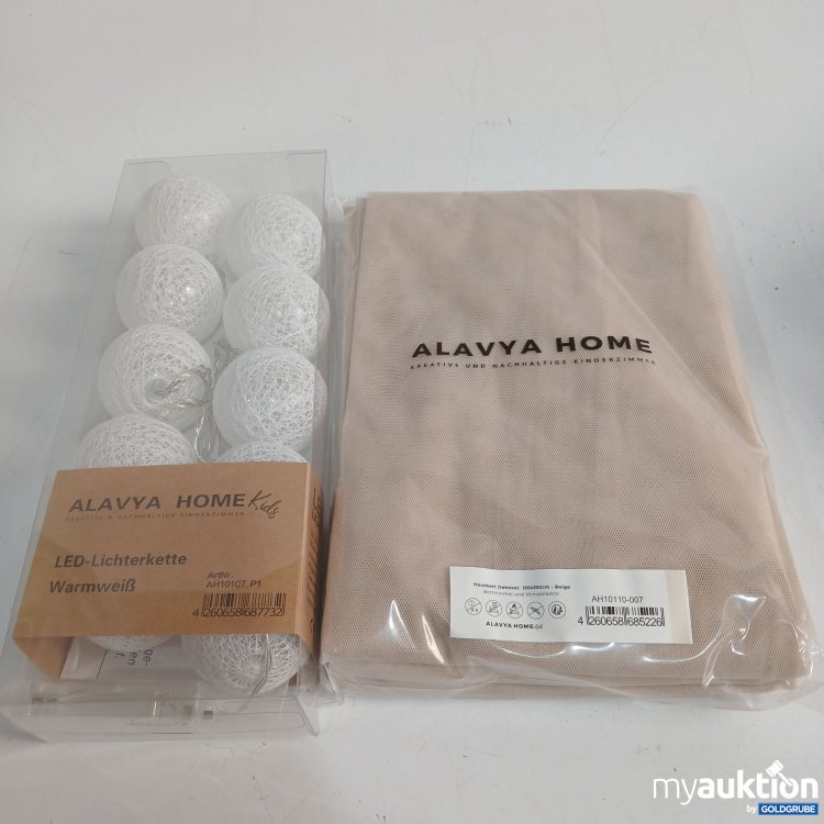 Artikel Nr. 442208: Alavya Home Hausbett Dekoset 150x350cm beige Betthimmel & Wimpelkette + LED Lichterkette warmweiß