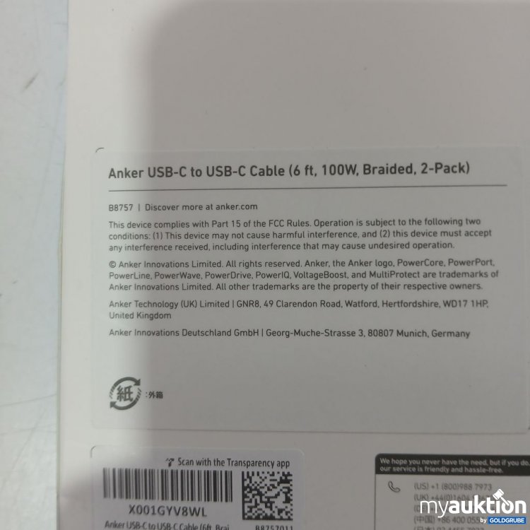 Artikel Nr. 933221: Anker USB-C zu Kabel 6 ft 100W Braided 2-Pack
