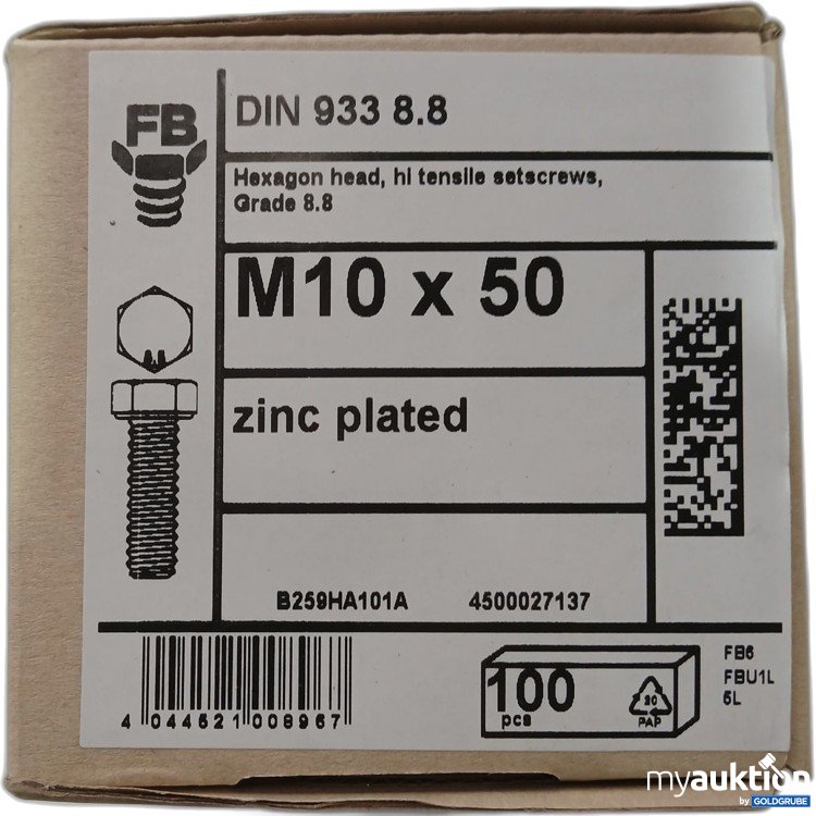 Artikel Nr. 980225 Artikel Nr. 980225: Sechskantschrauben M10×50mm DIN933 Vollgewinde Stahl Verzinkt, 100Stk
