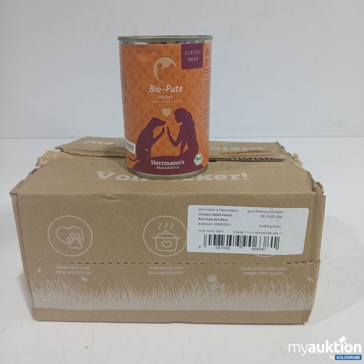 Artikel Nr. 869231 Artikel Nr. 869231: Herrmanns Manufaktur Classic Adult Hund Bio Pute mit Reis 6x400g