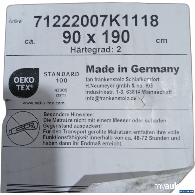 Artikel Nr. 888252 Artikel Nr. 888252: Frankensolz Matratze 90x190cm H2