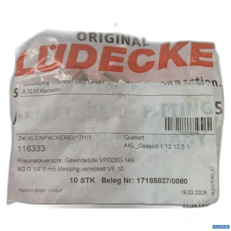 Artikel Nr. 993255 Artikel Nr. 993255: Lüdecke Pneumatikverschr. Gewindetülle 116333 10Stk