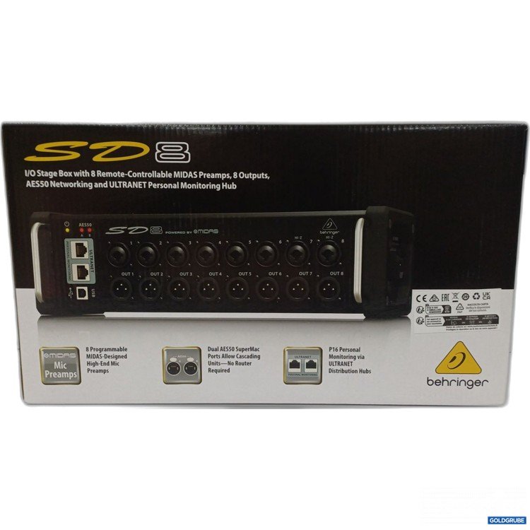 Artikel Nr. 888267: Behringer SD8, digitale I/O-Stagebox mit acht fernsteuerbaren MIDAS-Mikrofonvorverstärkern, acht analogen XLR-Ausgängen, AES50-Netzwerkfähigkeit und einem ULTRANET Personal Monitoring Hub