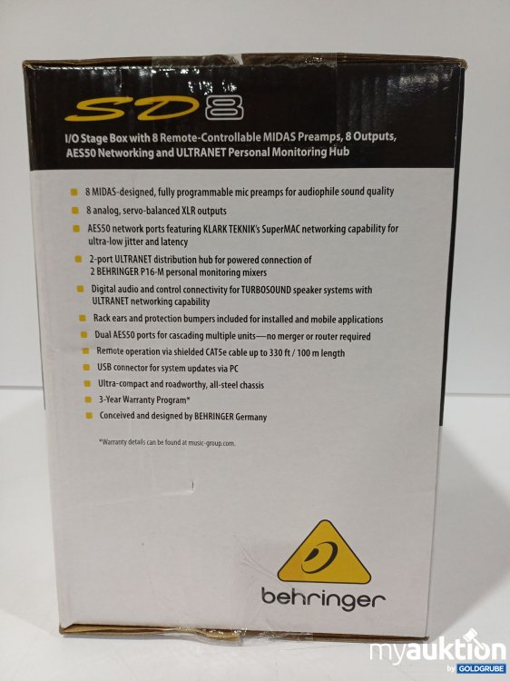 Artikel Nr. 888267: Behringer SD8, digitale I/O-Stagebox mit acht fernsteuerbaren MIDAS-Mikrofonvorverstärkern, acht analogen XLR-Ausgängen, AES50-Netzwerkfähigkeit und einem ULTRANET Personal Monitoring Hub