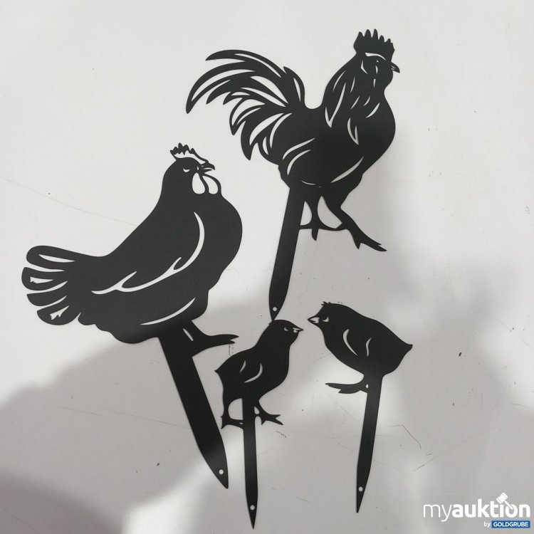 Artikel Nr. 912271: Gartenstecker Hühnermotiv Set von 4 TEXT=Set von vier Gartensteckern mit Hühnermotiven in schwarzer Farbe. Keine weiteren Details erkennbar. CATEGORY=Sonstiges PRICE_EUR=12.99