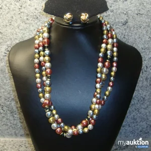 Auktion Perlenset zweiteilig Multicolor: Dreireihige Halskette + Knoten-Ohrclips