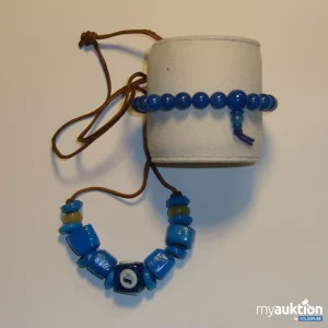 Auktion Boho-Set zweiteilig in Blautönen: Kette aus Glaselementen an Lederschnur + Buddha-Armband