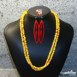 Auktion dreiteilig Boho-Style Gelb und Rot: Lange Endlos-Scheibenkette + lange Ohrhänger rot + Ring Multicolor
