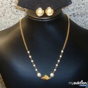 Auktion zweiteilig Perlen und Gold: Collier aus Panzerkette und Perlen + Ohrclips mit Perle und Strass