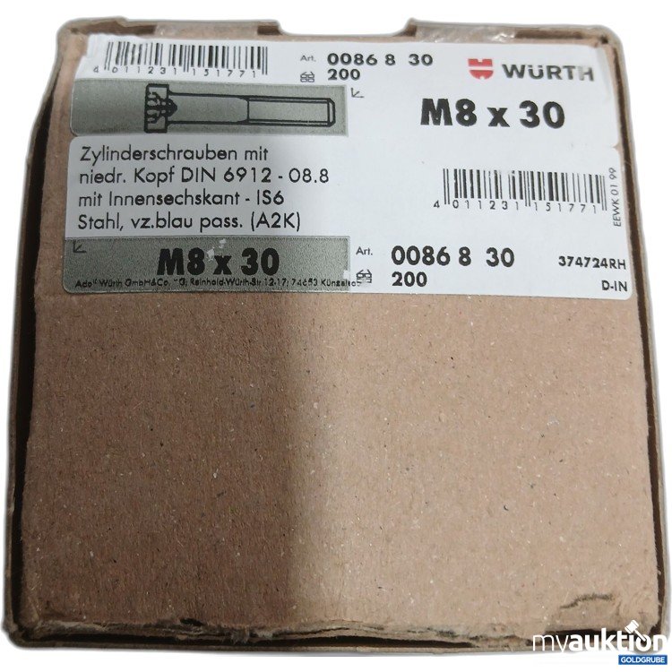 Artikel Nr. 523320: Würth Zylinderschrauben mit niedr. Kopf DIN 6912-08.8 M8x30 Art.Nr: 0086 8 30 