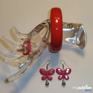 Auktion dreiteilig Knallrosa: Armreif + Ohrhänger 'Schmetterling' + Ring
