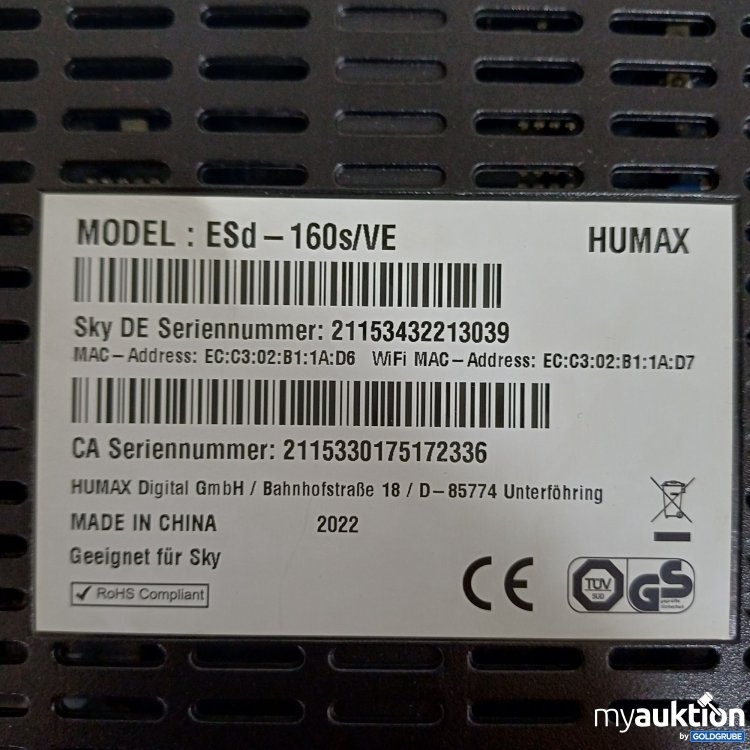 Artikel Nr. 985397 Artikel Nr. 985397: Humax Sky Q Receivers (Modell ESd-160s/VE) inklusive Kabel