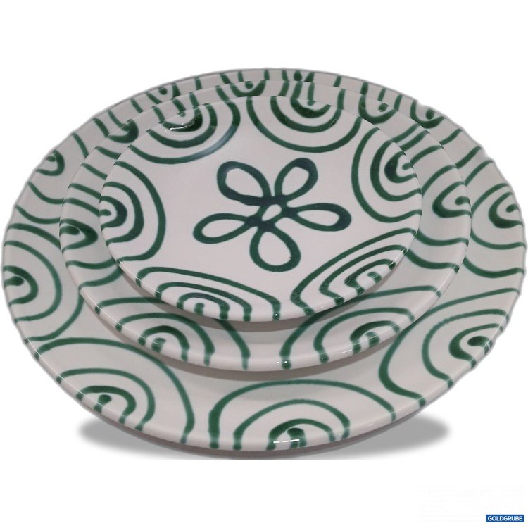 Artikel Nr. 954416: Gmundner Keramik Set Grüngeflammt 1x Speiseteller, 1x Dessertteller, 1x Unterteller