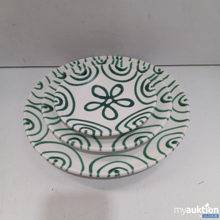 Artikel Nr. 954416: Gmundner Keramik Set Grüngeflammt 1x Speiseteller, 1x Dessertteller, 1x Unterteller