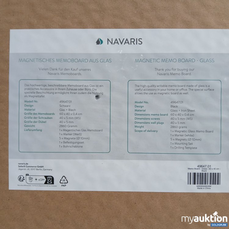 Artikel Nr. 950424: Navaris Magnetisches Memonoard aus Glas 60x40x0.4cm