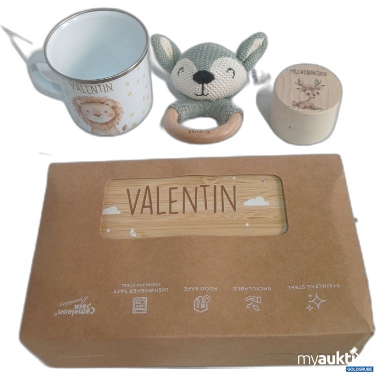 Artikel Nr. 996488 Artikel Nr. 996488: Tasse, Milchzahnaufbewahrung, Brotdose mit Aufschrift "Valentin"