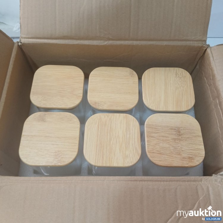 Artikel Nr. 995504: Aufbewahrungsgläser mit Holzdeckel ca 8x8x9cm  mit Stift und Etiketten zur Beschriftung 12Stk