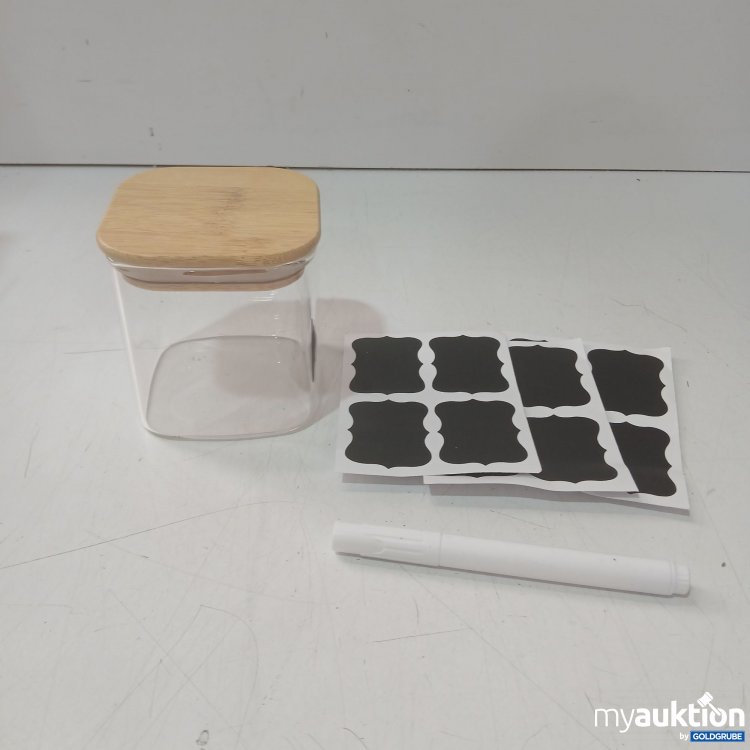 Artikel Nr. 995504: Aufbewahrungsgläser mit Holzdeckel ca 8x8x9cm  mit Stift und Etiketten zur Beschriftung 12Stk