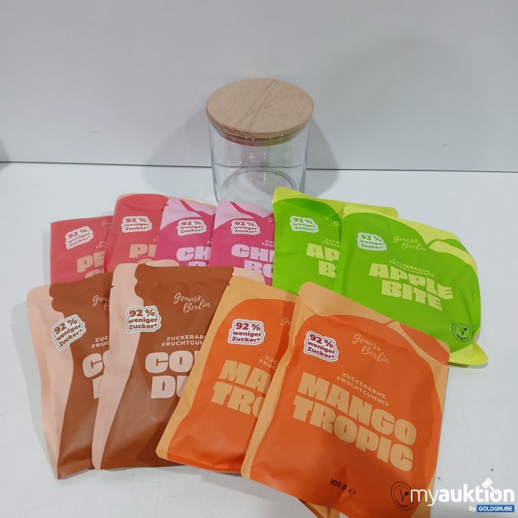 Artikel Nr. 954508: Set Genuss Berlin Zuckerarme Fruchtgummis 10 x diverse Sorten + Vorratsglas 