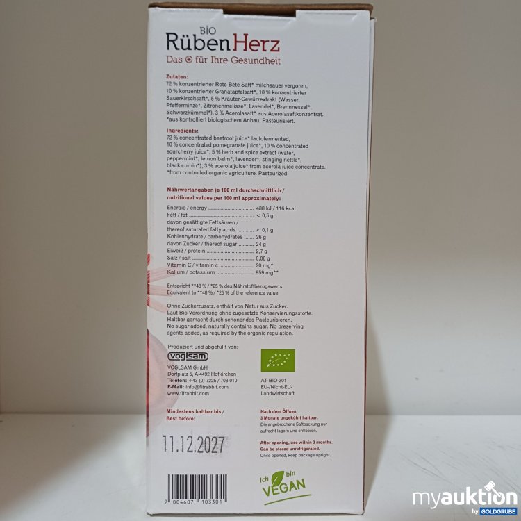 Artikel Nr. 985524: fitrabbit Bio Rüben Herz, konzentrierter Rote-Bete-Saft, 3L