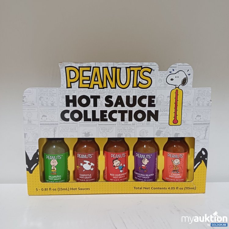 Artikel Nr. 985526 Artikel Nr. 985526: Offiziell lizenziertes Peanuts Hot Sauce Collection, Miniflaschen: Jalapeño, Chipotle, Red Habanero, Carolina Reaper und Cajun, 5x23ml