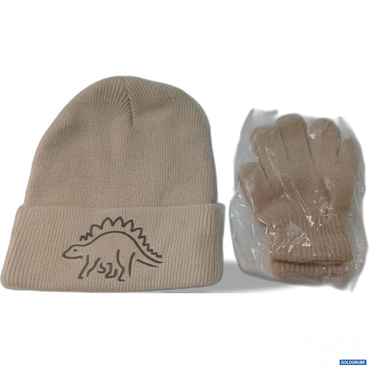 Artikel Nr. 939529: Diverse beige Mütze mit Dinosaurier-Motiv und passende Handschuhe für Kinder