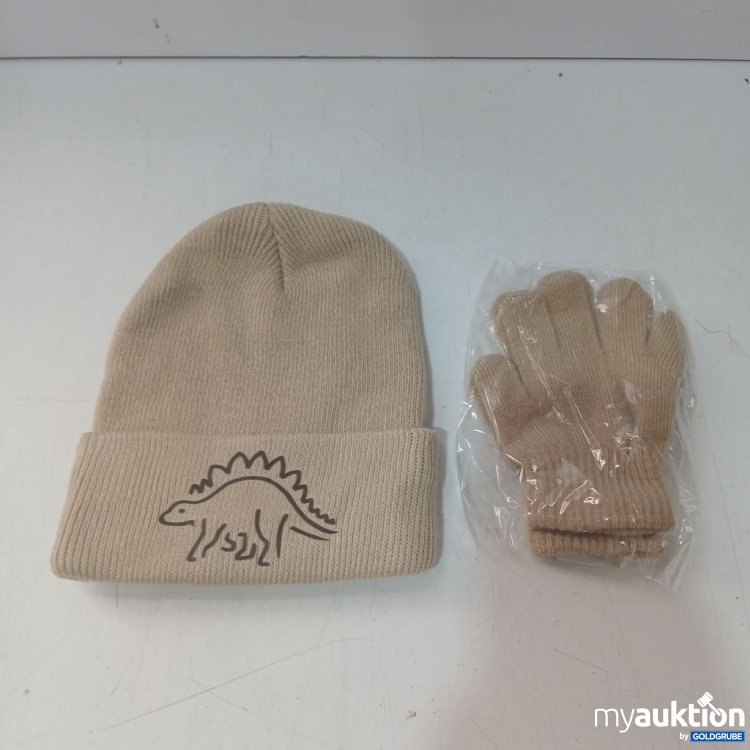 Artikel Nr. 939529: Diverse beige Mütze mit Dinosaurier-Motiv und passende Handschuhe für Kinder
