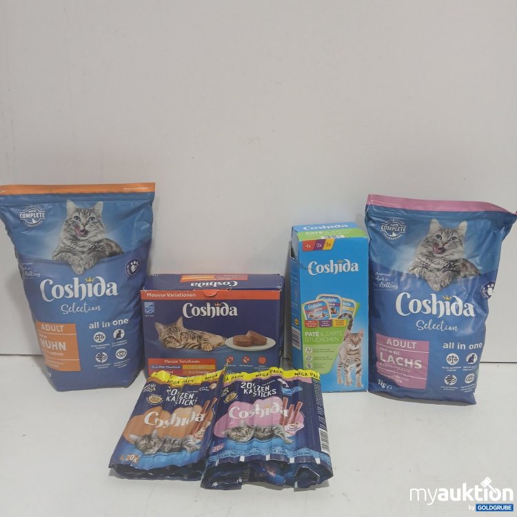 Artikel Nr. 468539 Artikel Nr. 468539: Coshida 2 x Selection Katzenfutter Adult 1 kg Huhn und Lachs 1x Coshida Mousse Variationen 2x Coshida Katzensticks Geflügel und Lachs