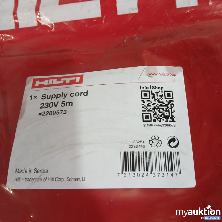 Artikel Nr. 521540 Artikel Nr. 521540: Hilti Supply Cord 230V 5m 2289573