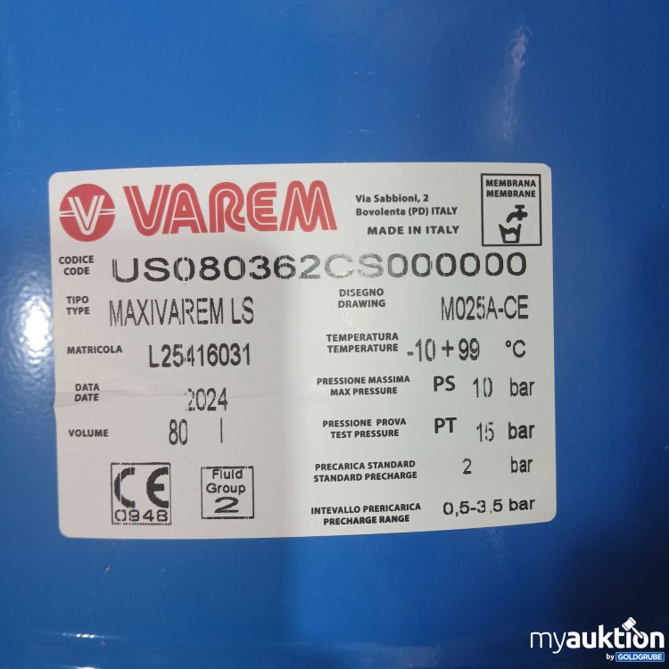 Artikel Nr. 839584: Varem US080362CS0000 Pump System Blue 80l 10bar