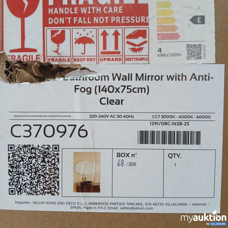Artikel Nr. 967585: Sklum Badspiegel mit LED und Anti-Fog ca 140×75cm, Art.No. C370976