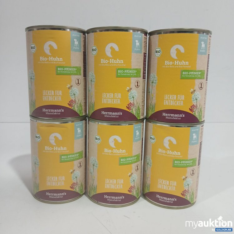 Artikel Nr. 870590 Artikel Nr. 870590: Herrmanns Manufaktur Welpe Bio-Huhn mit Bio Reis & Bio-Fenchel 6x400g