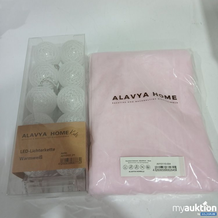 Artikel Nr. 441628: Alavya Home Hausbett Dekoset 150x350cm rosa Betthimmel & Wimpelkette + LED Lichterkette warmweiß 